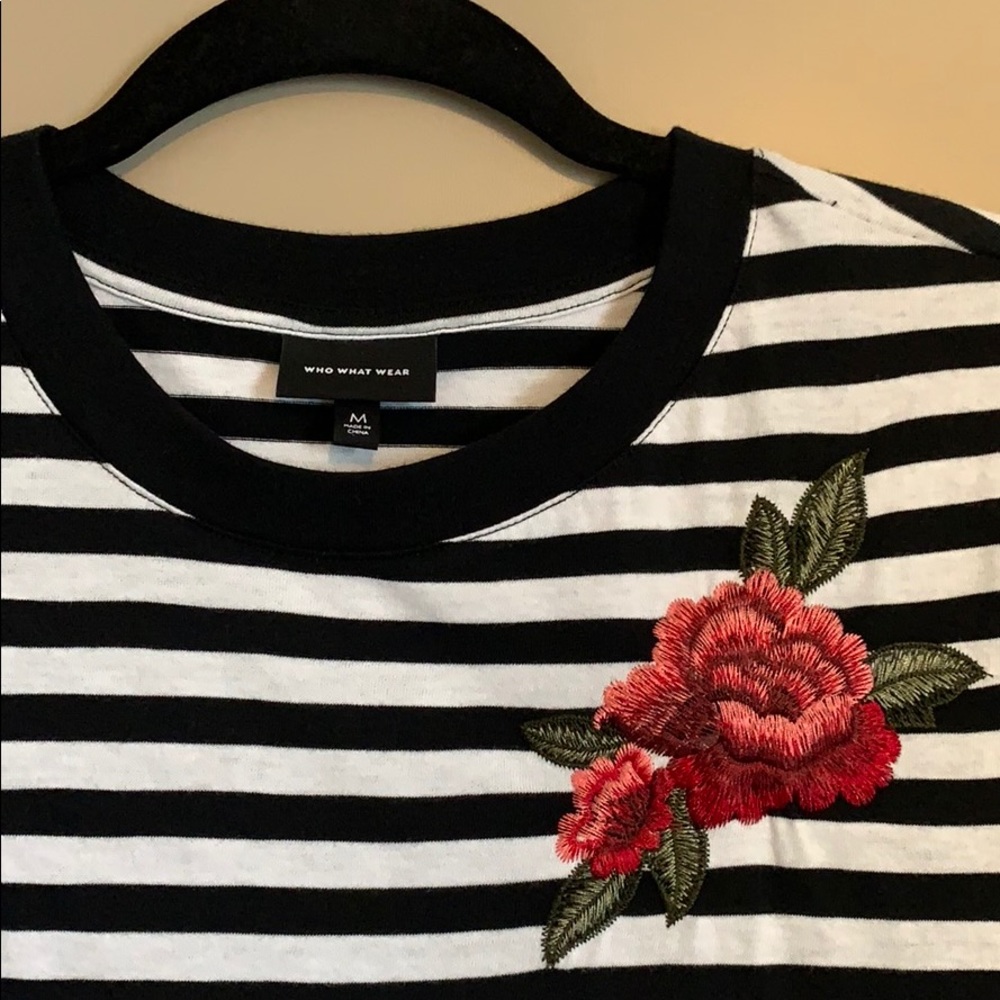 Black and white stripe tee with floral embroidery